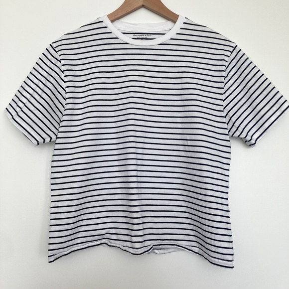 Abercrombie & Fitch Essential Premium Polished Relaxed Tee White Navy Stripe - Picture 1 of 4